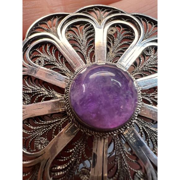 Vintage filigree amethyst sterling silver brooch made in Jerusalem - Picture 7 of 12
